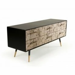 MACABANE DALIE - Meuble TV Noir 6 Tiroirs Scandi Bois Sapin Marqueté Pieds Métal Doré - Noir -MACABANE Elegant store 17784049 5