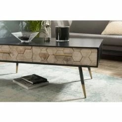 MACABANE DALIE - Table Basse Noire Rectangulaire 2 Tiroirs Scandi Bois Sapin Marqueté Pieds Métal Doré - Noir -MACABANE Elegant store 17784050 4