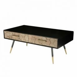 MACABANE DALIE - Table Basse Noire Rectangulaire 2 Tiroirs Scandi Bois Sapin Marqueté Pieds Métal Doré - Noir -MACABANE Elegant store 17784050 5