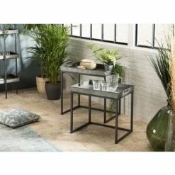 MACABANE HABY - Set De 2 Tables D'appoint Gigognes Plateaux Rectangulaires Zinc Pieds Métal - Anthracite