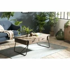 MACABANE HABY - Table Basse Rectangulaire 2 Tiroirs Sapin Marqueté Pieds Métal - Anthracite