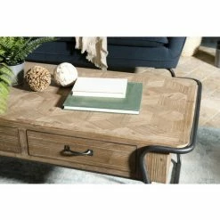 MACABANE HABY - Table Basse Rectangulaire 2 Tiroirs Sapin Marqueté Pieds Métal - Anthracite -MACABANE Elegant store 17784062 3