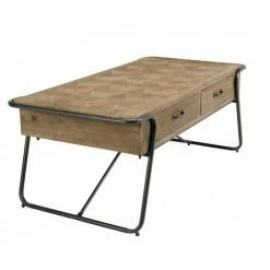 MACABANE HABY - Table Basse Rectangulaire 2 Tiroirs Sapin Marqueté Pieds Métal - Anthracite -MACABANE Elegant store 17784062 5