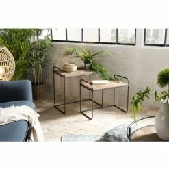 MACABANE HABY - Set De 2 Tables D'appoint Gigognes Plateaux Rectangulaires Sapin Marqueté Pieds Métal - Naturel