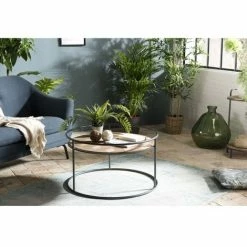 MACABANE HABY - Table Basse Ronde 80x80cm Plateau Sapin Marqueté Pieds Métal - Naturel