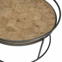 MACABANE HABY - Table Basse Ronde 80x80cm Plateau Sapin Marqueté Pieds Métal - Naturel -MACABANE Elegant store 17784069 3