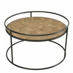 MACABANE HABY - Table Basse Ronde 80x80cm Plateau Sapin Marqueté Pieds Métal - Naturel -MACABANE Elegant store 17784069 5
