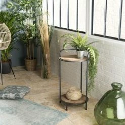 MACABANE HABY - Table D'appoint Ronde / Guéridon 2 Niveaux Sapin Marqueté Pieds Métal - Naturel