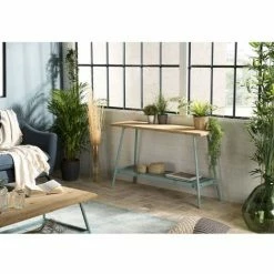MACABANE HABY - Console Rectangulaire Scandi Plateau Bois Sapin 1 étagère Pieds Métal Bleu Clair - Bleu