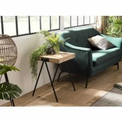 MACABANE ROBIN - Table D'appoint Bois Carrée Bois Manguier Pieds Métal Noir 'COMPAS' - Naturel