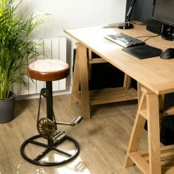 MACABANE ROBIN - Tabouret De Bar Industriel Cuir Marron Pieds Métal Noir Déco Pédales - Noir -MACABANE Elegant store 17784083 3