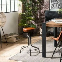 MACABANE ROBIN - Tabouret Industriel Cuir Marron Hauteur Ajustable Pieds Métal Gris Anthracite - Anthracite