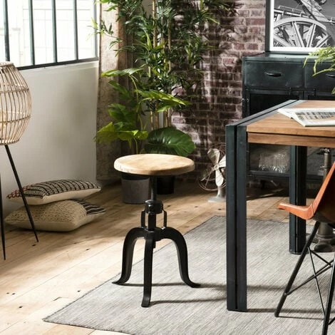 MACABANE ROBIN - Tabouret Industriel Assise Bois Manguier Hauteur Ajustable Pieds Métal Noir - Noir 3 MACABANE ROBIN - Tabouret Industriel Assise Bois Manguier Hauteur Ajustable Pieds Métal Noir - Noir