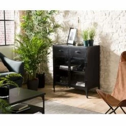 MACABANE ROBIN - Buffet Métal Noir Industriel 2 Portes 2 Tiroirs - Noir