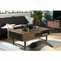 MACABANE LAURE - Table Basse Rectangulaire Marron 2 Tiroirs 1 Niche Bois Mindi - Noyer