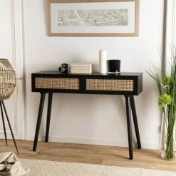 MACABANE EMILIO - Console Noire Bois 2 Tiroirs Cannage - Noir / Naturel