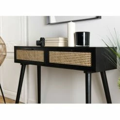 MACABANE EMILIO - Console Noire Bois 2 Tiroirs Cannage - Noir / Naturel -MACABANE Elegant store 17784127 3