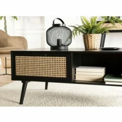 MACABANE EMILIO - Table Basse Noire Bois 2 Tiroirs Cannage 1 Niche - Naturel -MACABANE Elegant store 17784129 3