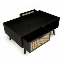 MACABANE EMILIO - Table Basse Noire Bois 2 Tiroirs Cannage 1 Niche - Naturel -MACABANE Elegant store 17784129 5
