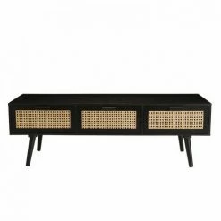 MACABANE EMILIO - Meuble TV Bois Noir 3 Tiroirs Cannage - Noir / Naturel -MACABANE Elegant store 17784130 4