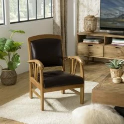 MACABANE ERIS - Fauteuil Teck Et Cuir Marron - Marron