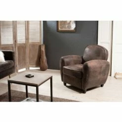MACABANE ARTHUR - Fauteuil Club Microfibre Marron Foncé Pieds Bois Noir - Marron