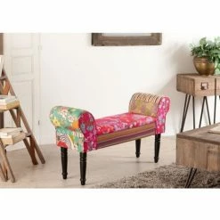 MACABANE ARTHUR - Banc De Lit Rectangulaire Tissu Bohème Multicolore Pieds Bois Noir - IMPRIME