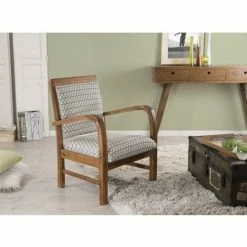 MACABANE ERIS - Fauteuil Hexago Bois Teck Tissu Vert Scandi - Multicouleurs