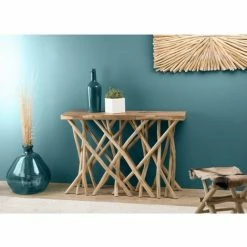 MACABANE LALY - Console Bois Nature Plateau Rectangulaire Teck - Pieds Bois Flotté - Bois Naturel