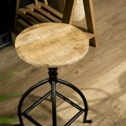 MACABANE ROBIN - Tabouret Industriel Assise Bois Manguier Hauteur Ajustable Pieds Métal Noir - Noir -MACABANE Elegant store 17845358 4