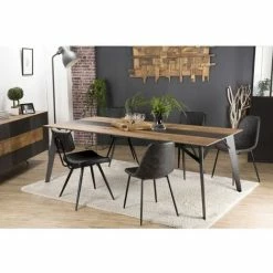 MACABANE MADISON - Table à Manger Rectangulaire 220x100cm Bois Teck Recyclé Métal Et Pieds Métal Noir - Bois Naturel, Métal Noir Vernis Polyuréthane