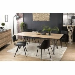 MACABANE MADISON - Table à Manger Rectangulaire 220x100cm Bois Chêne Pieds épingles Croisés Métal Noir - Bois Naturel ; Métal Noir