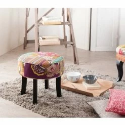 MACABANE ARTHUR - Tabouret Rond 42x42 Cm Tissu Bohème Multicolore Pieds Bois Noir - IMPRIME