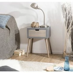 MACABANE MARTIN - Chevet Gris 1 Tiroir Beige Bois Pin - Gris Béton