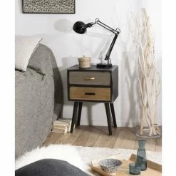 MACABANE ROMAIN - Chevet Noir 2 Tiroirs Marrons Motifs Pin - Noir Mat