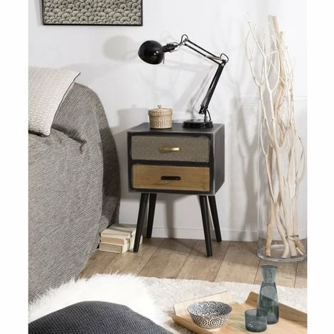 MACABANE ROMAIN - Chevet Noir 2 Tiroirs Marrons Motifs Pin - Noir Mat 3 MACABANE ROMAIN - Chevet Noir 2 Tiroirs Marrons Motifs Pin - Noir Mat