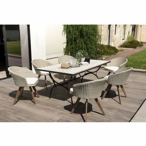 MACABANE VICTOIRE - SALON DE JARDIN EN BOIS ACACIA 6/8 Pers - 1 Table Rectangulaire 220*90 Cm Et 6 Fauteuils En Rotin Synthétique - Beige -MACABANE Elegant store 18152072 1