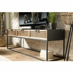 MACABANE DORIANE - Meuble TV Noir Métal 3 Tiroirs Cannage Naturel - Noir Et Naturel -MACABANE Elegant store 18338828 4