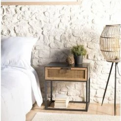 MACABANE DORIANE - Chevet Noir Métal 1 Tiroir Cannage Naturel - Noir Et Naturel