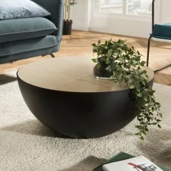 MACABANE THEODORE - Table Basse Coque 70x70cm Base Métal Plateau Bois Clair - Noir -MACABANE Elegant store 18338888 4