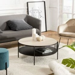 MACABANE THEODORE - Table Basse Ronde Double Plateau 80x80cm Base Métal Plateau Bois Clair - Noir Et Naturel