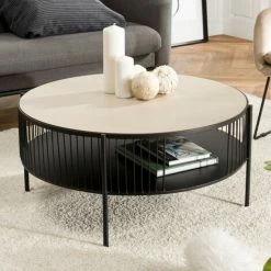 MACABANE THEODORE - Table Basse Ronde Double Plateau 80x80cm Base Métal Plateau Bois Clair - Noir Et Naturel -MACABANE Elegant store 18338893 4