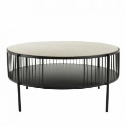 MACABANE THEODORE - Table Basse Ronde Double Plateau 80x80cm Base Métal Plateau Bois Clair - Noir Et Naturel -MACABANE Elegant store 18338893 5