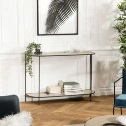 MACABANE THEODORE - Console Double Plateau Bois Clair Pieds Métal Noir - Noir Et Naturel