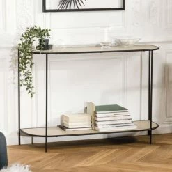 MACABANE THEODORE - Console Double Plateau Bois Clair Pieds Métal Noir - Noir Et Naturel -MACABANE Elegant store 18338898 5