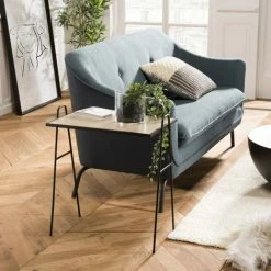 MACABANE THEODORE - Table D'appoint 57x35 Cm Plateau Bois Clair Pieds Métal Noir - Noir Et Naturel