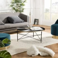 MACABANE THEODORE - Table Basse Ronde 91x91cm Ceinture Dorée Pieds Métal Noir - Noir Et Doré