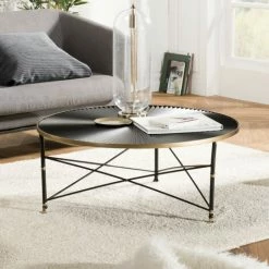 MACABANE THEODORE - Table Basse Ronde 91x91cm Ceinture Dorée Pieds Métal Noir - Noir Et Doré -MACABANE Elegant store 18338924 5