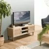 MACABANE ADELE - Meuble TV 2 Niches 2 Portes Toile De Jute Pieds Métal Doré - Beige -MACABANE Elegant store 18338969 1