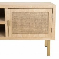 MACABANE ADELE - Meuble TV 2 Niches 2 Portes Toile De Jute Pieds Métal Doré - Beige -MACABANE Elegant store 18338969 3